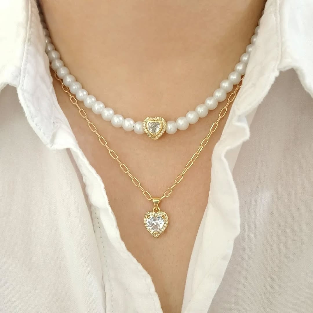 Collar perlas con corazón y collar dije corazón zirconias (piezas por separado)