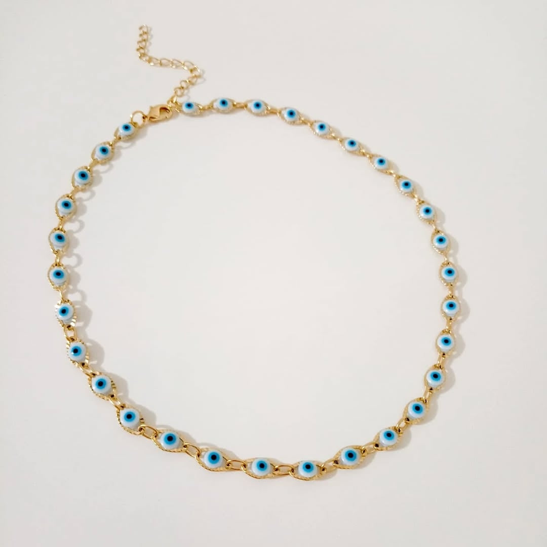 Choker ojitos, collar dorado corazón, collar azul corazón ojito y collar herradura (piezas por separado)