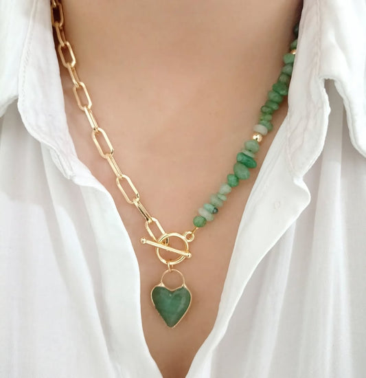 Collar combinado con dije corazón cuarzo verde