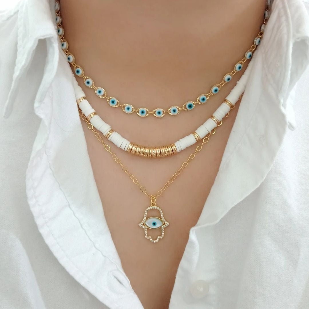 Choker ojitos, collar blanco y dije manita ojo (piezas por separado)