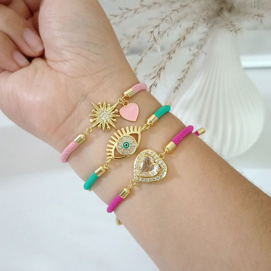 Pulseras dije estrella, ojito y corazón  (piezas por separado)