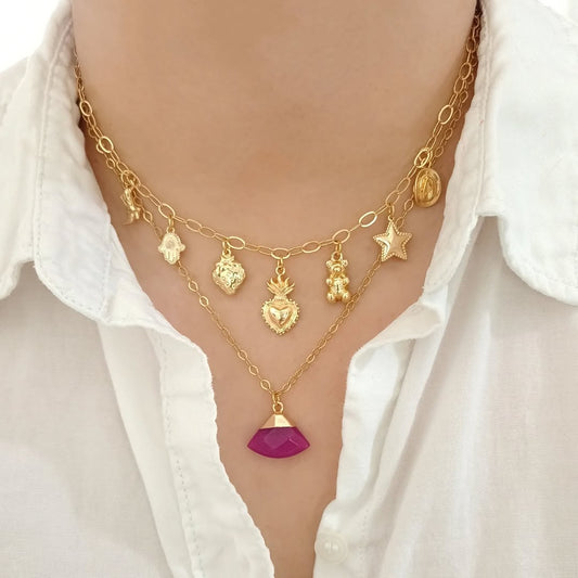 Collar multidijes y collar piedra violeta (piezas por separado)