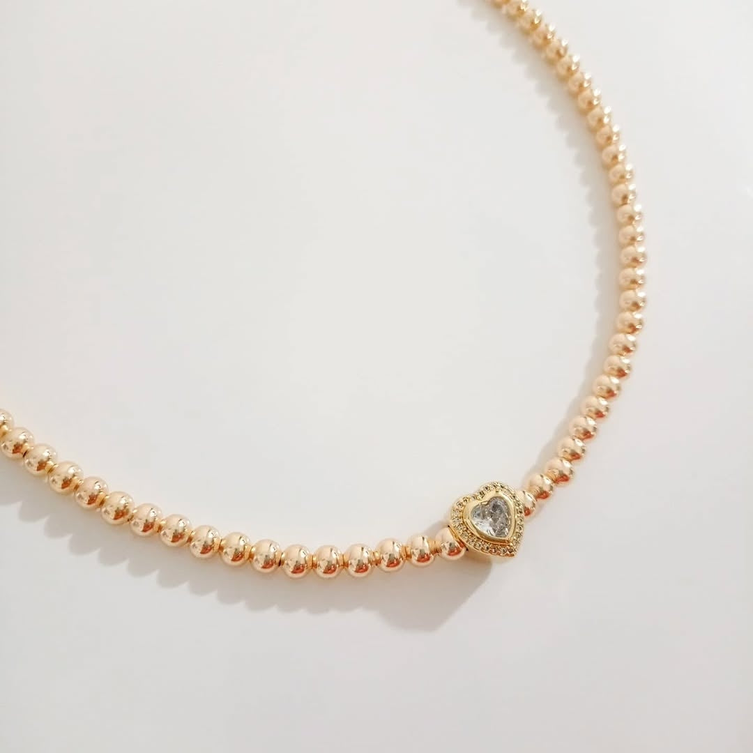 Collar bolita dorada corazón zirconia y collar cadena dije corazón (piezas por separado)