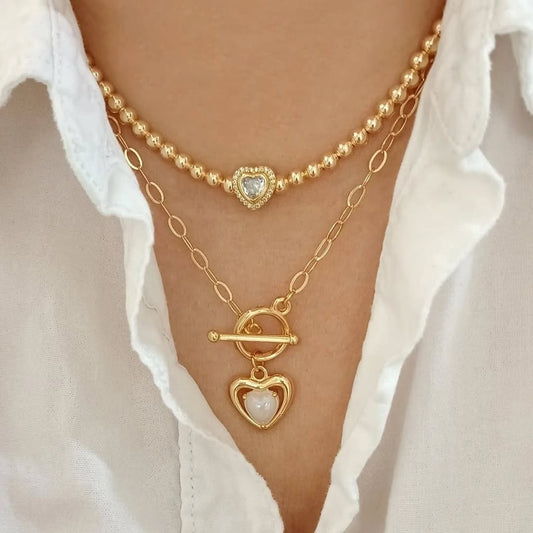Collar bolita dorada corazón zirconia y collar cadena dije corazón (piezas por separado)