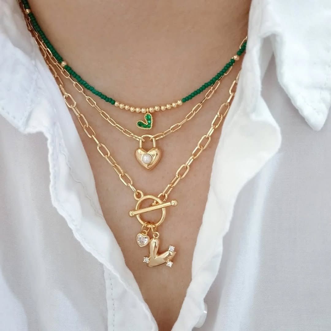 Collar verde corazón, collar candado corazón perlita y collar doble corazón zirconia (piezas por separado)