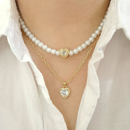 Collar perlas con corazón y collar dije corazón zirconias (piezas por separado)