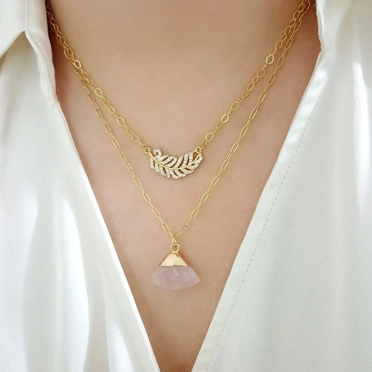 Collar hojita zirconia y collar cuarzo rosa (piezas por separado)