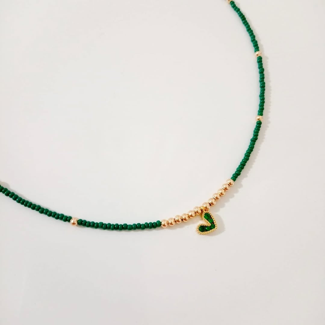 Collar verde corazón, collar candado corazón perlita y collar doble corazón zirconia (piezas por separado)