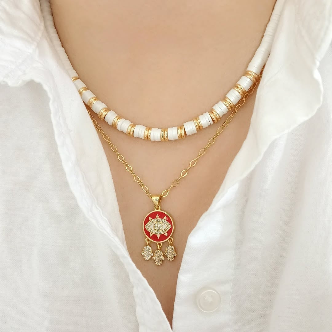 Collar puca blanca y collar dije atrapasueños con ojo zirconias (piezas por separado)