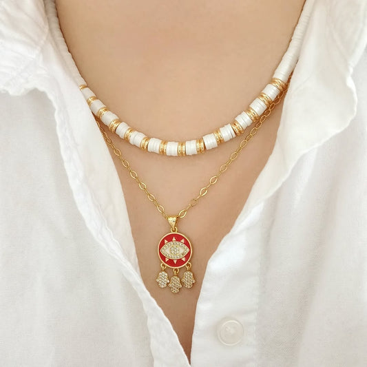 Collar puca blanca y collar dije atrapasueños con ojo zirconias (piezas por separado)